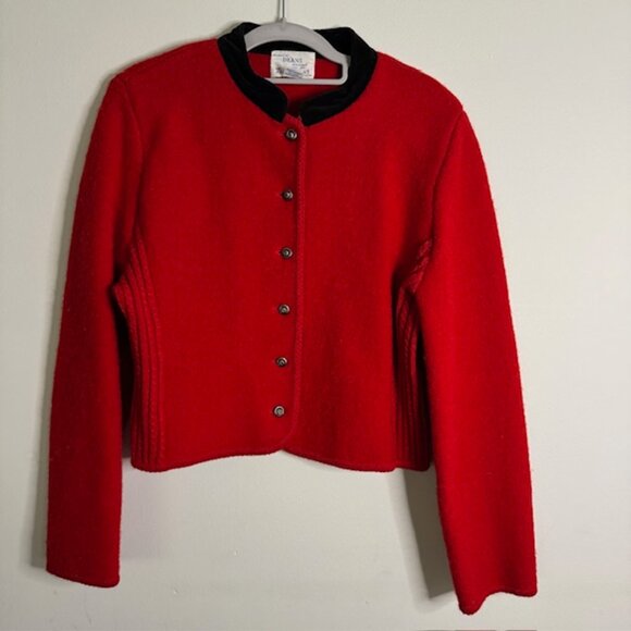 Vintage DEANS of Scotland Red Wool Cardigan Velvet Collar Size XL - Picture 1 of 6